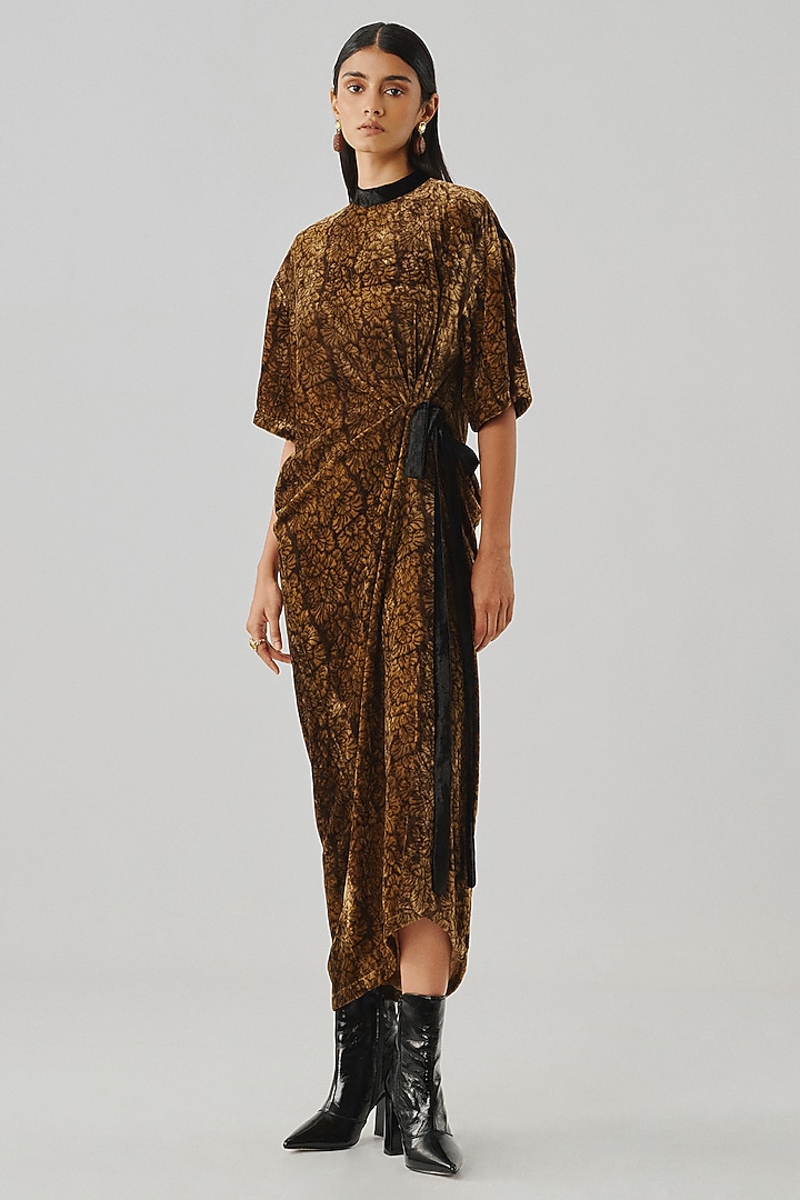 Bronze Velvet Ajrakh Printed T-Shirt Cocktail Dress by Aroka at Pernia's Pop Up Shop