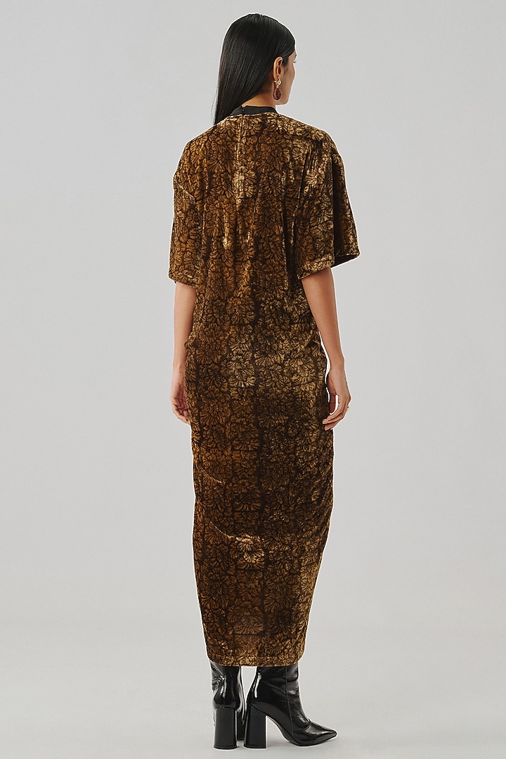 Bronze Velvet Ajrakh Printed T-Shirt Cocktail Dress by Aroka at Pernia's Pop Up Shop