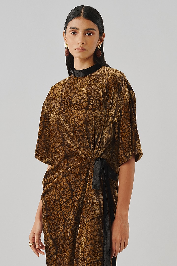 Bronze Velvet Ajrakh Printed T-Shirt Cocktail Dress by Aroka at Pernia's Pop Up Shop