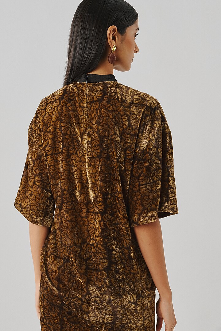 Bronze Velvet Ajrakh Printed T-Shirt Cocktail Dress by Aroka at Pernia's Pop Up Shop