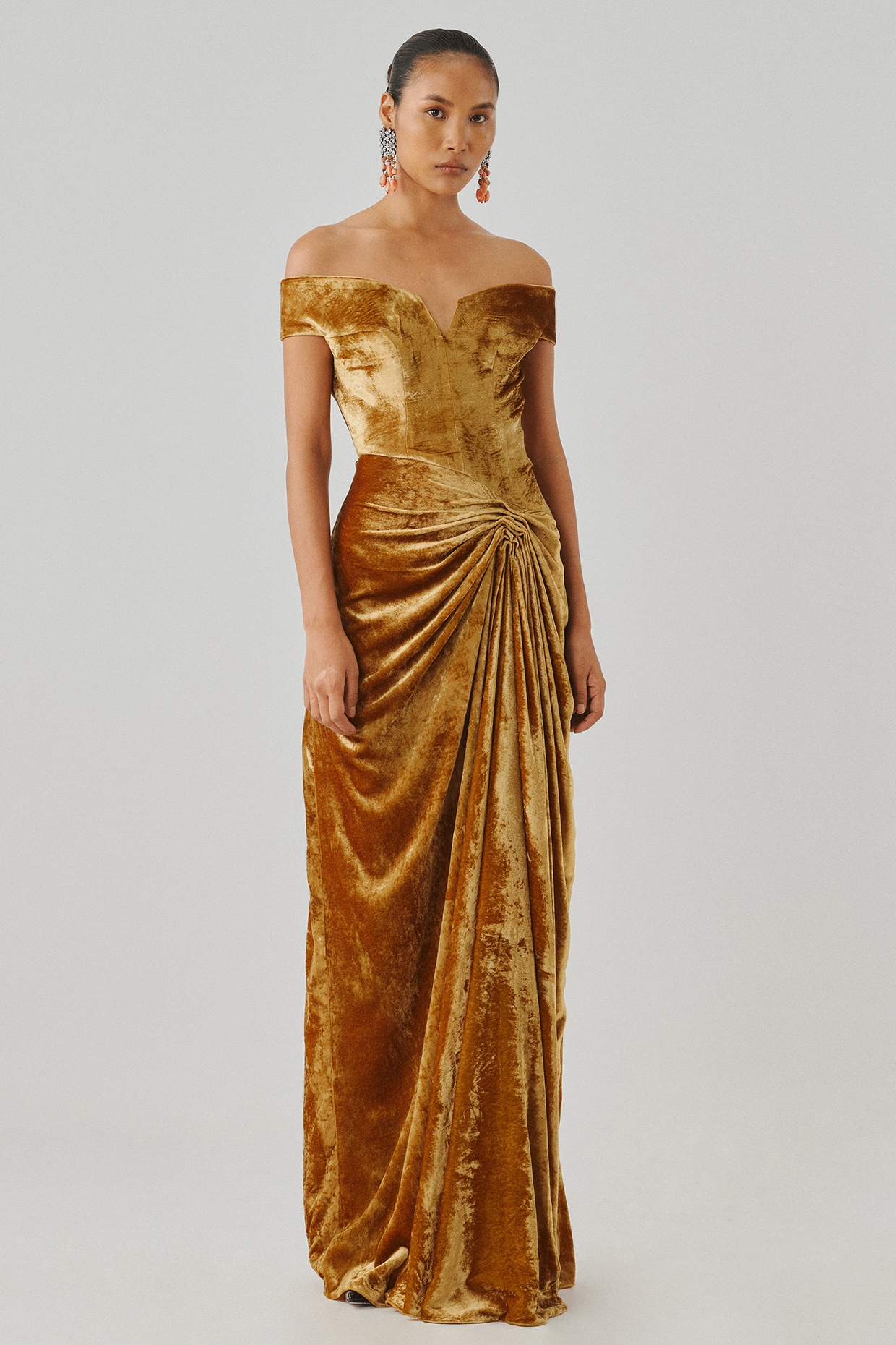 Aroka Gold Velvet Off-Shoulder Draped Gown