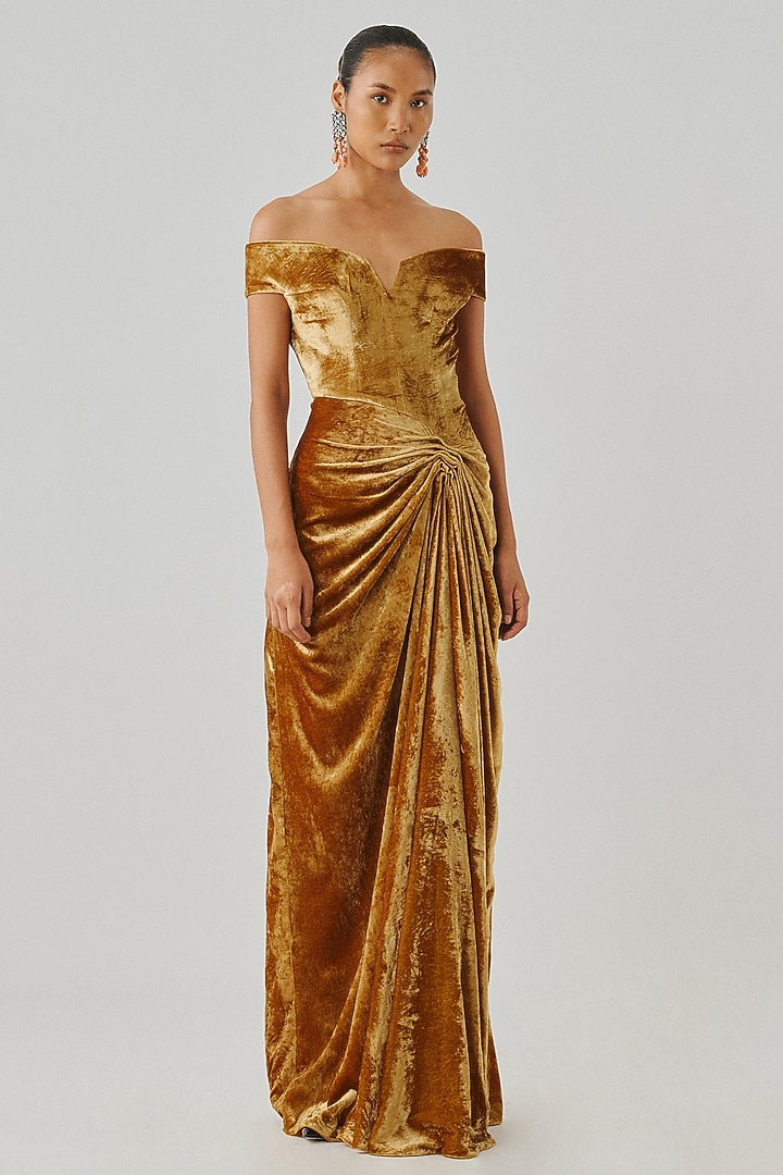 Gold Velvet Off-Shoulder Draped Engagement Gown by Aroka at Pernia's Pop Up Shop