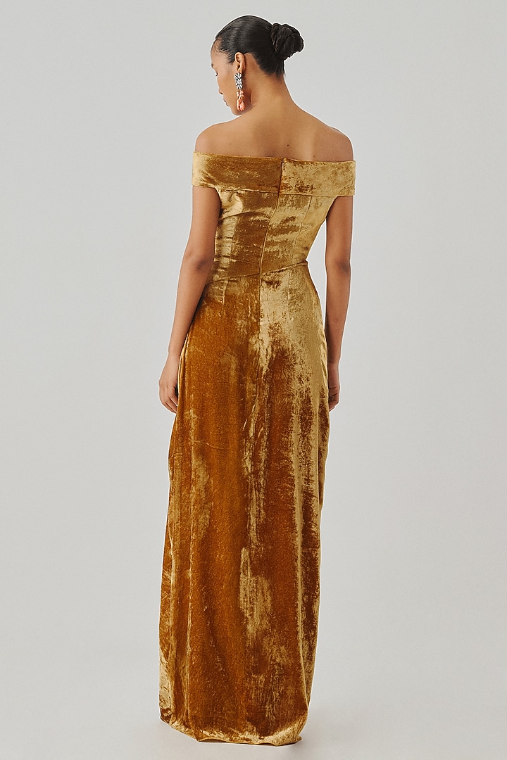 Gold Velvet Off-Shoulder Draped Engagement Gown by Aroka at Pernia's Pop Up Shop
