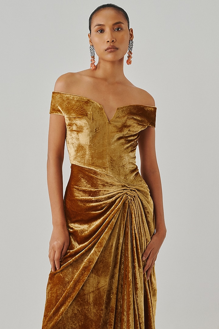 Gold Velvet Off-Shoulder Draped Engagement Gown by Aroka at Pernia's Pop Up Shop