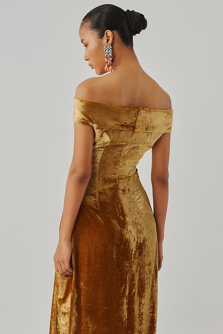 Gold Velvet Off-Shoulder Draped Engagement Gown by Aroka at Pernia's Pop Up Shop