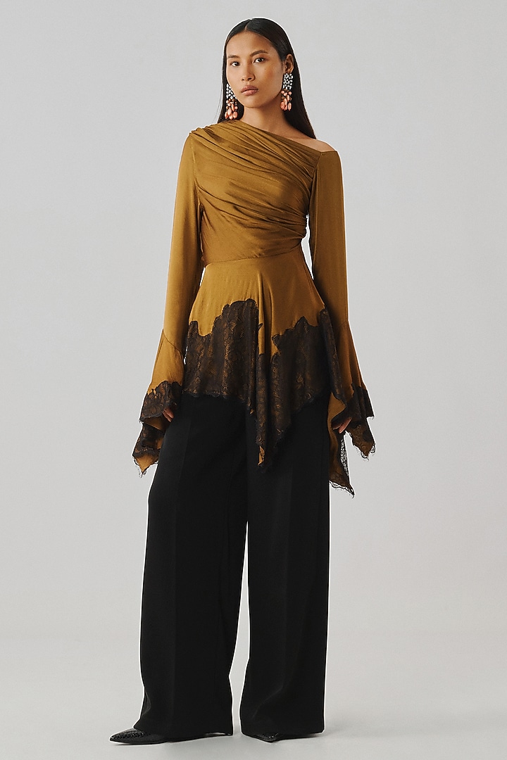Olive Gold Modal Satin & Chantilly Lace Cutwork Top by Aroka at Pernia's Pop Up Shop