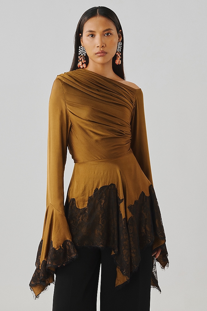 Olive Gold Modal Satin & Chantilly Lace Cutwork Top by Aroka at Pernia's Pop Up Shop