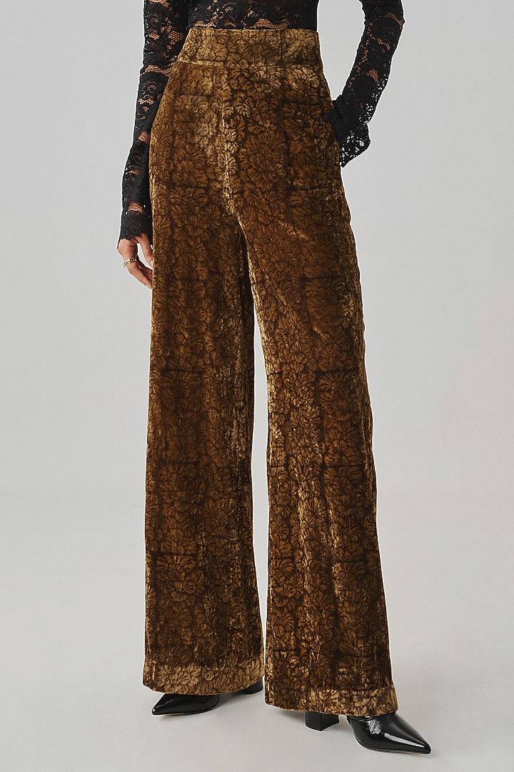 Bronze Velvet Ajrakh Printed Wide-Leg Pant by Aroka at Pernia's Pop Up Shop