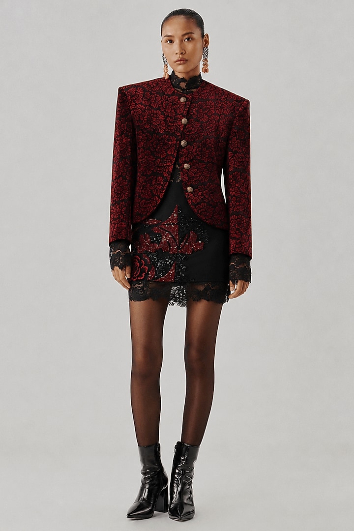 Maroon Velvet Ajrakh Block Printed Jacket by Aroka at Pernia's Pop Up Shop