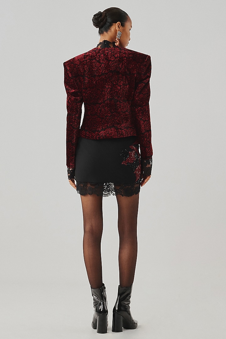 Maroon Velvet Ajrakh Block Printed Jacket by Aroka at Pernia's Pop Up Shop