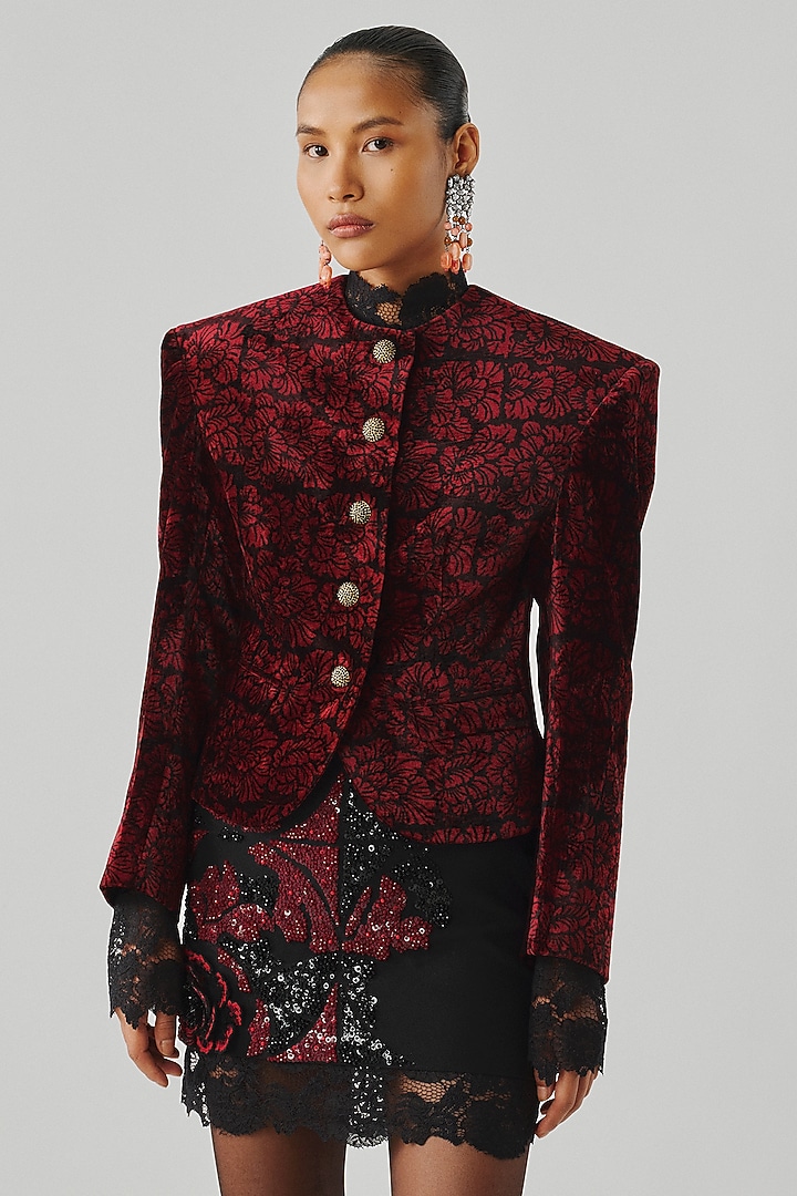 Maroon Velvet Ajrakh Block Printed Jacket by Aroka at Pernia's Pop Up Shop