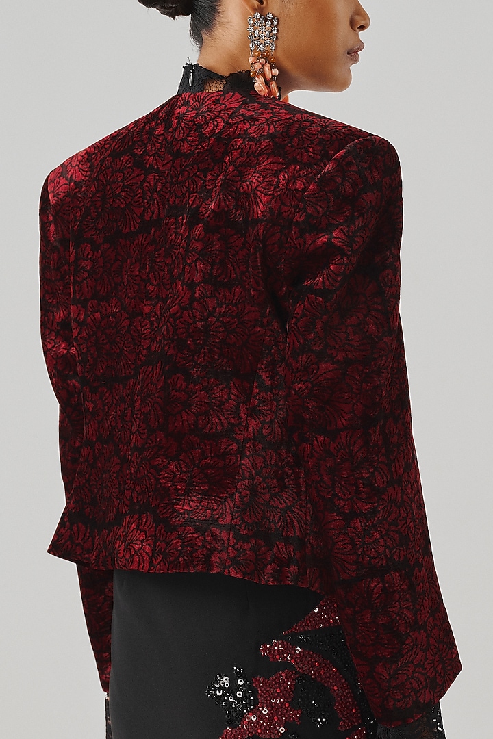 Maroon Velvet Ajrakh Block Printed Jacket by Aroka at Pernia's Pop Up Shop