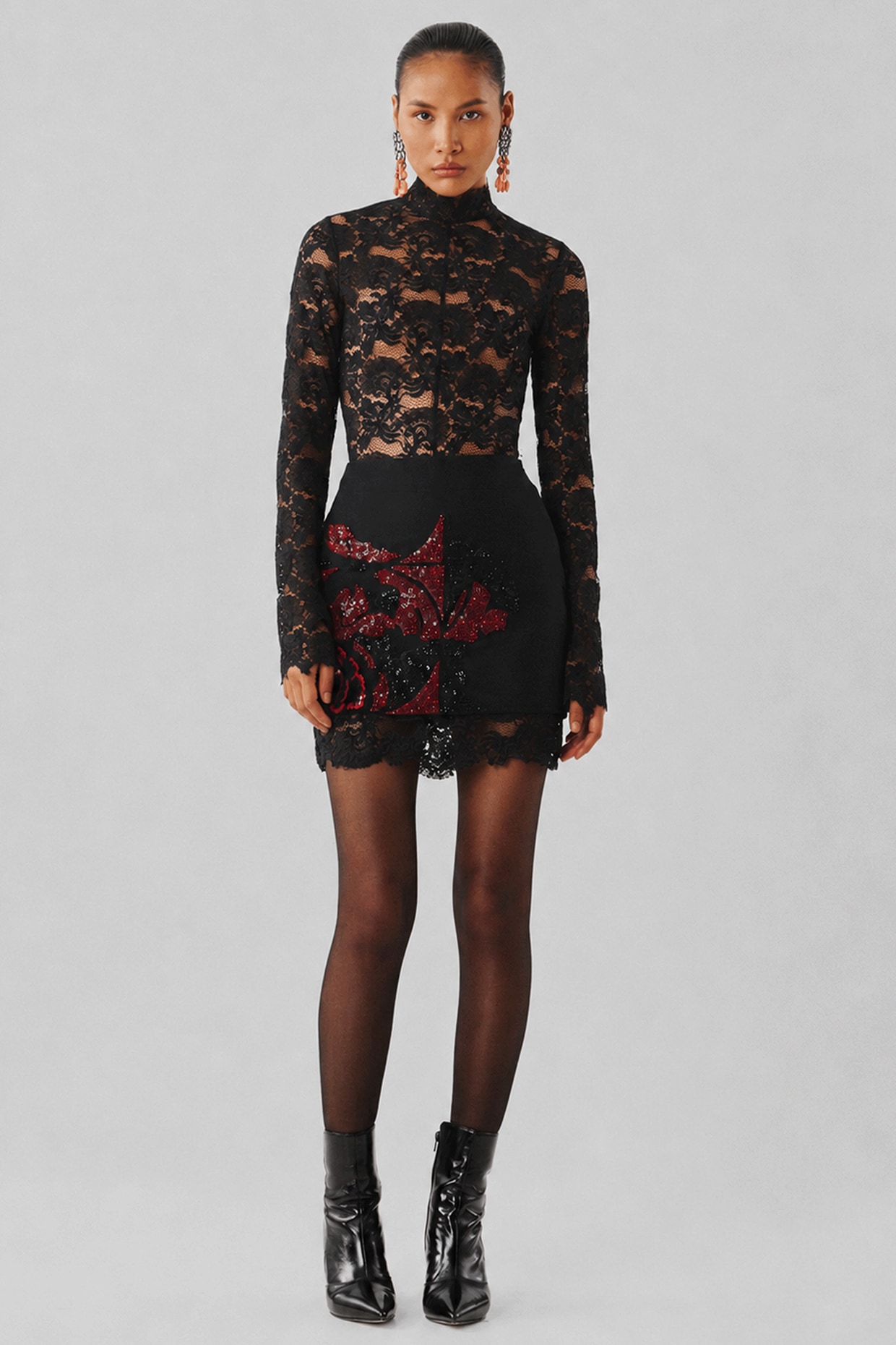 Aroka Black Crepe & Lace Mini Skirt