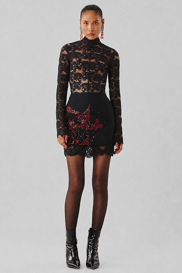 Black Crepe & Lace Mini Skirt by Aroka at Pernia's Pop Up Shop