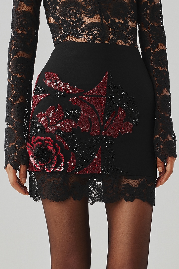Black Crepe & Lace Mini Skirt by Aroka at Pernia's Pop Up Shop