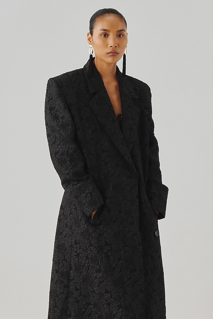 Black Jacquard Floral Embossed Jacket by Aroka at Pernia's Pop Up Shop
