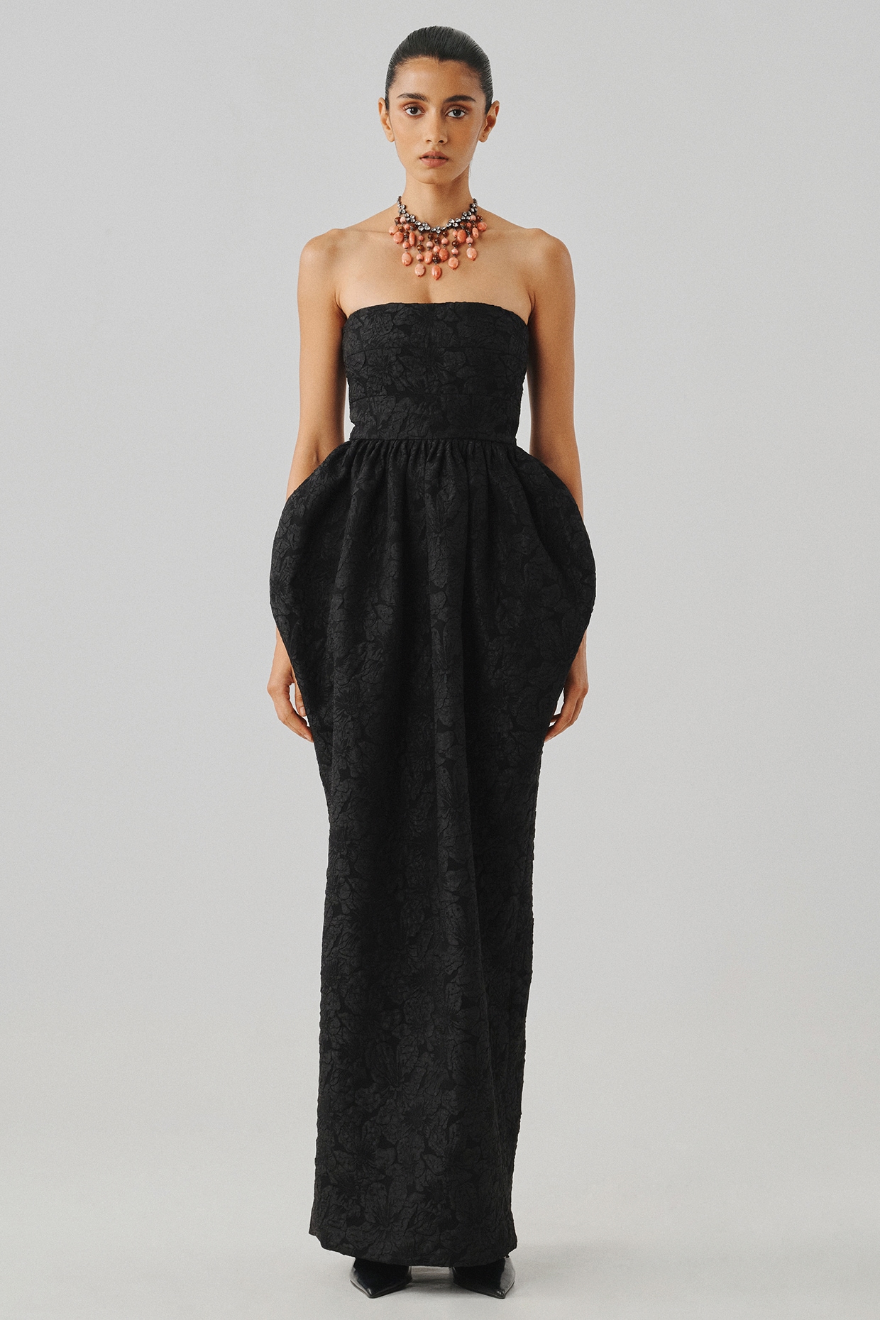 Aroka Black Jacquard Floral Embossed Strapless Gown