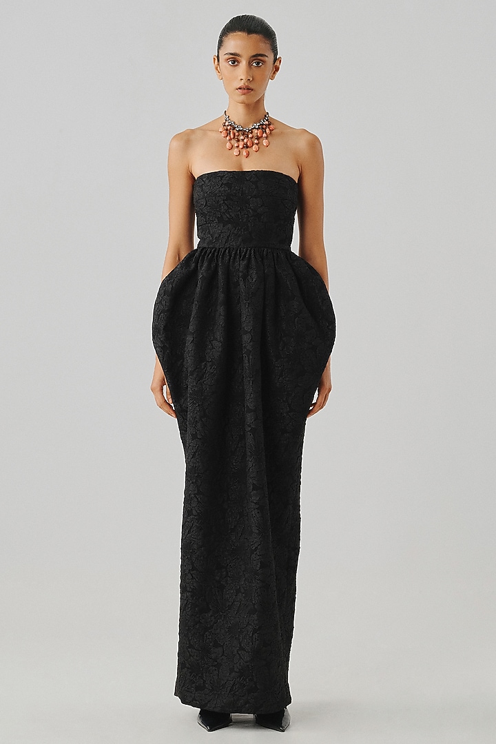 Black Jacquard Floral Embossed Strapless Party Wear Gown by Aroka at Pernia's Pop Up Shop