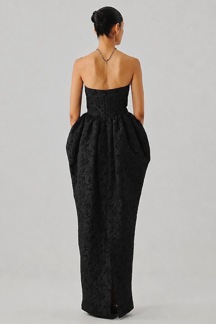 Black Jacquard Floral Embossed Strapless Party Wear Gown by Aroka at Pernia's Pop Up Shop