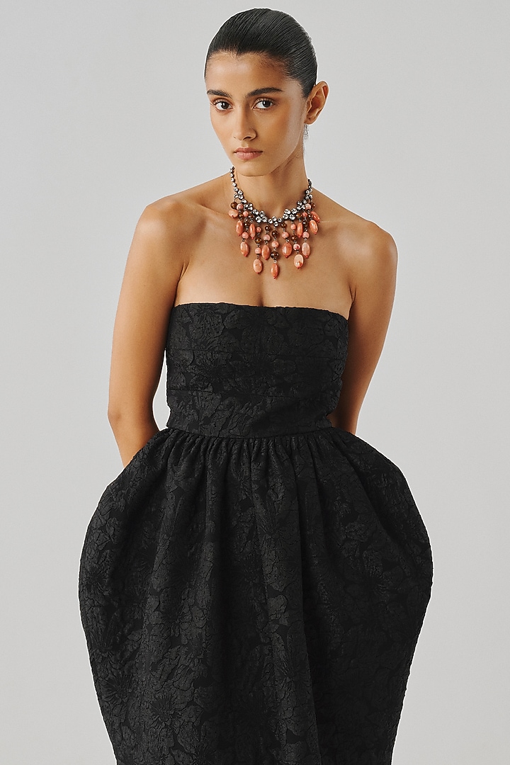 Black Jacquard Floral Embossed Strapless Party Wear Gown by Aroka at Pernia's Pop Up Shop