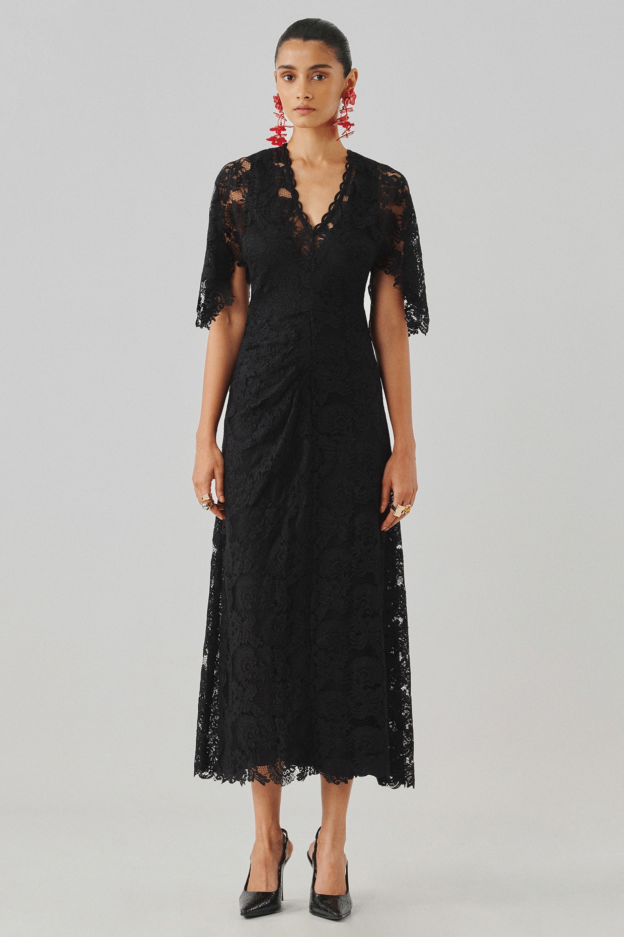 Aroka Black Lace & Modal Satin Midi Slip Dress