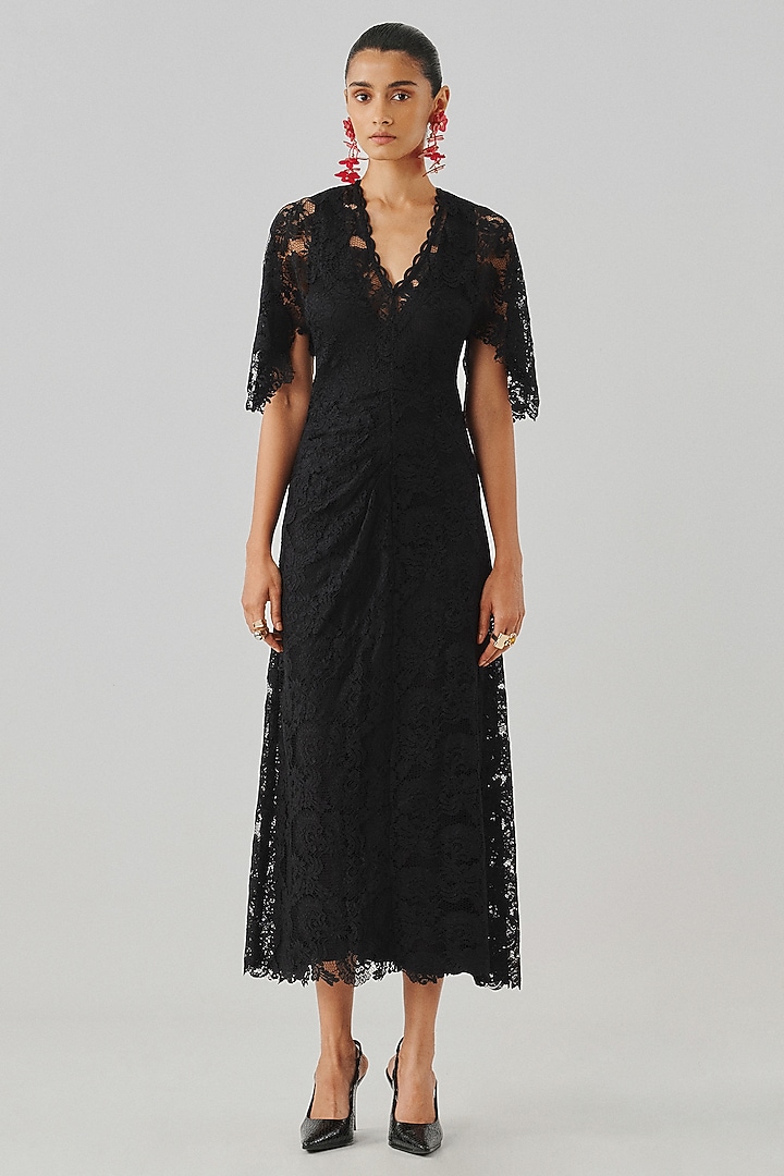 Black Lace & Modal Satin Midi Slip Vacation Dress by Aroka at Pernia's Pop Up Shop
