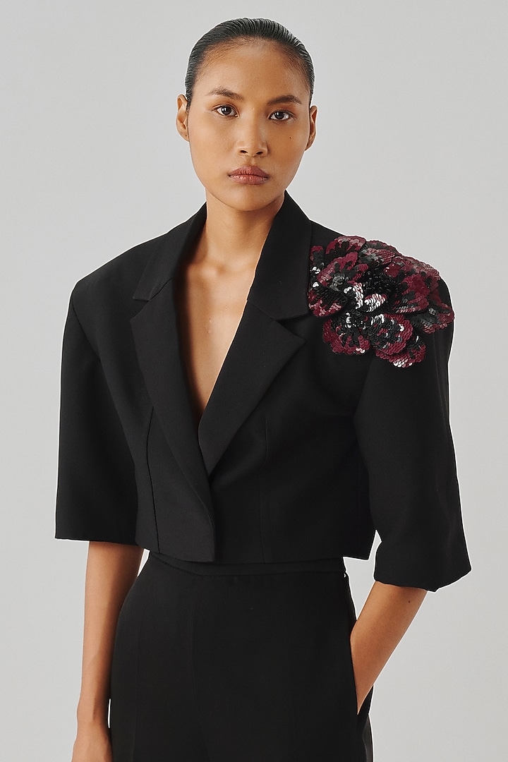 Black Crepe Floral Hand Embroidered Structured Jacket by Aroka at Pernia's Pop Up Shop
