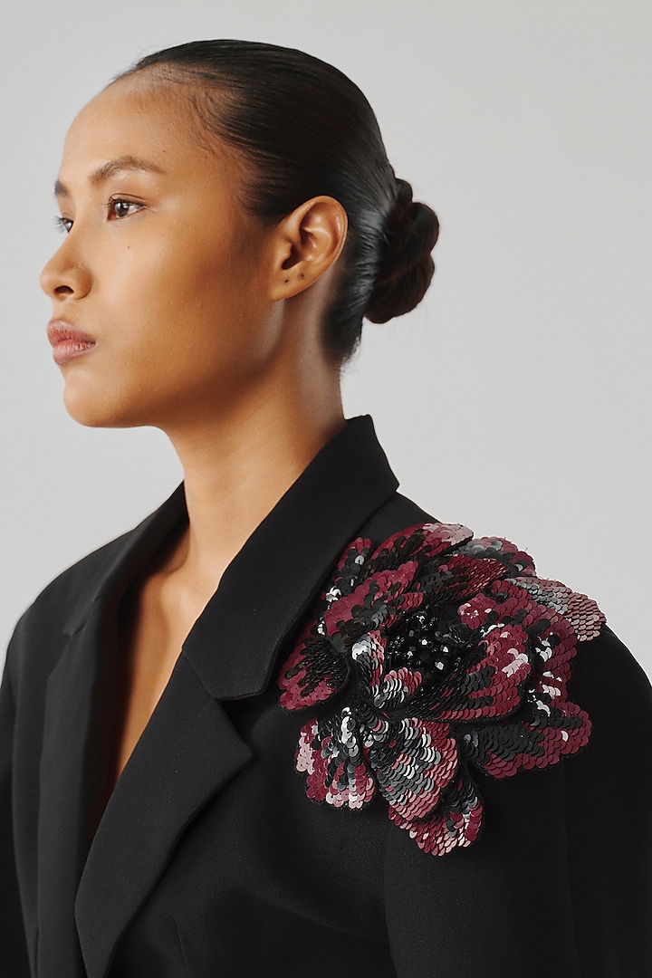 Black Crepe Floral Hand Embroidered Structured Jacket by Aroka at Pernia's Pop Up Shop