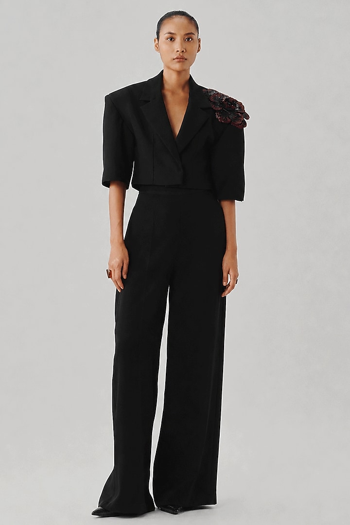 Black Crepe Floral Hand Embroidered Structured Jacket by Aroka at Pernia's Pop Up Shop