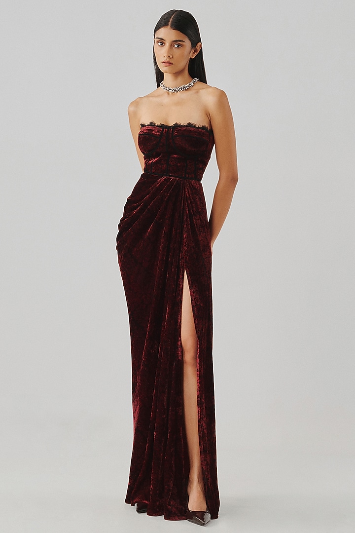 Maroon Velvet Ajrakh Printed Strapless Engagement Gown by Aroka at Pernia's Pop Up Shop