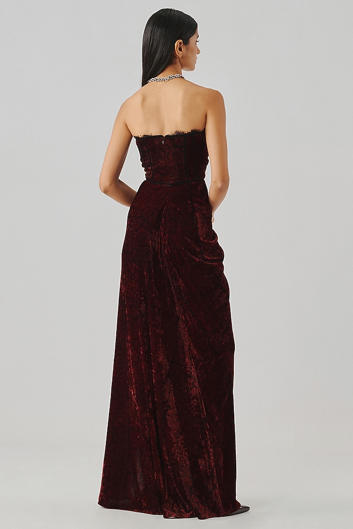 Maroon Velvet Ajrakh Printed Strapless Engagement Gown by Aroka at Pernia's Pop Up Shop