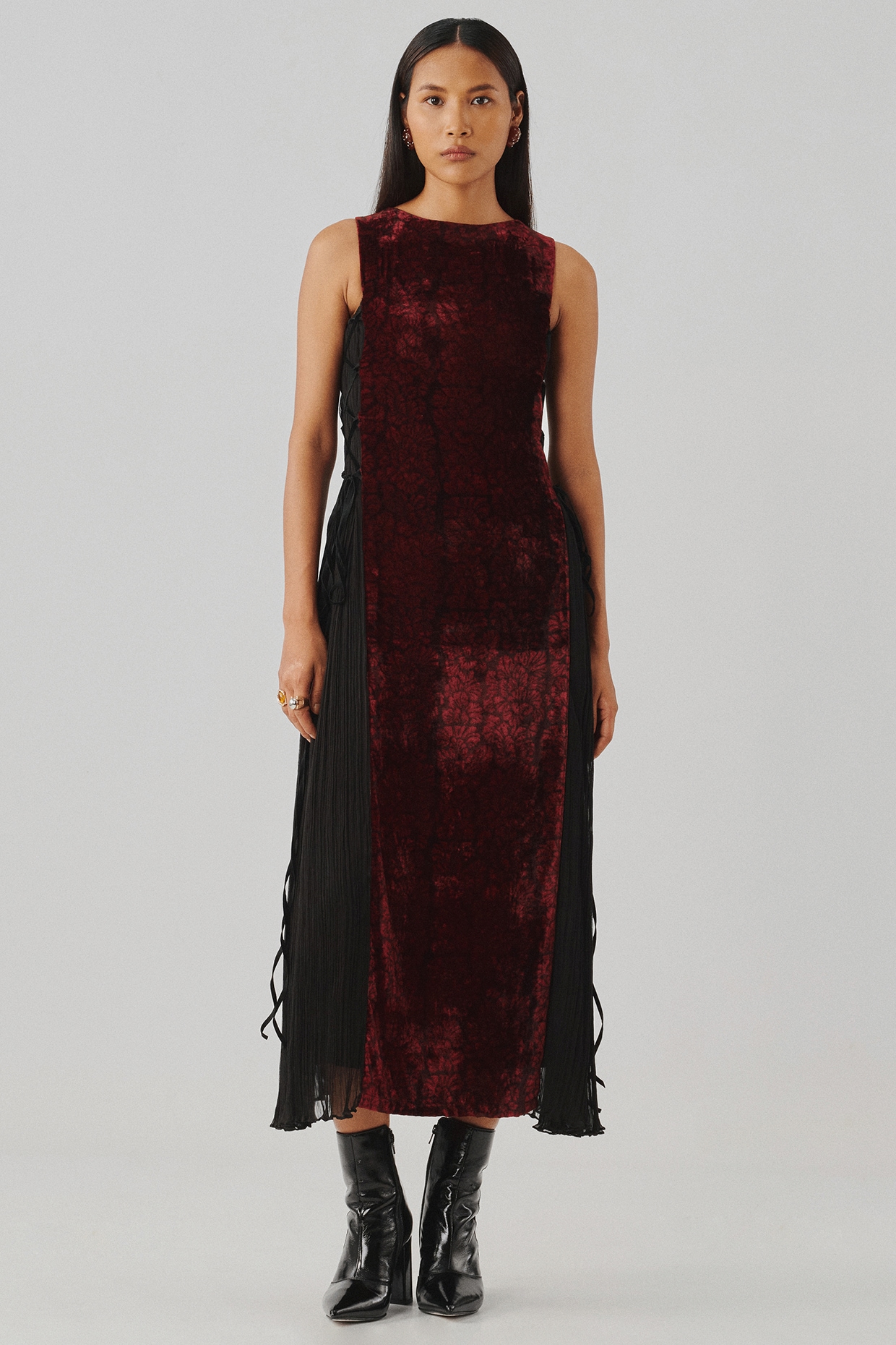 Aroka Maroon Velvet & Wrinkled Chiffon Midi Dress
