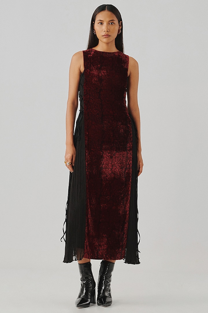 Maroon Velvet & Wrinkled Chiffon Midi Cocktail Dress by Aroka at Pernia's Pop Up Shop