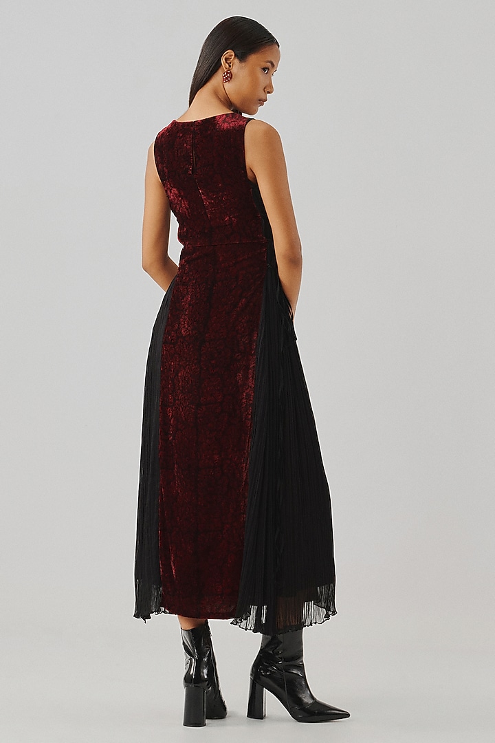 Maroon Velvet & Wrinkled Chiffon Midi Cocktail Dress by Aroka at Pernia's Pop Up Shop