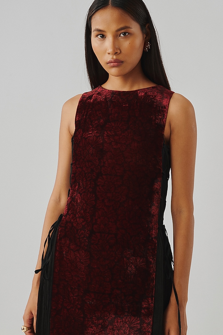 Maroon Velvet & Wrinkled Chiffon Midi Cocktail Dress by Aroka at Pernia's Pop Up Shop