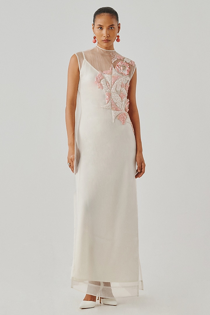 Ivory Organza Floral Embroidered Maxi Slip Party Wear Dress by Aroka at Pernia's Pop Up Shop