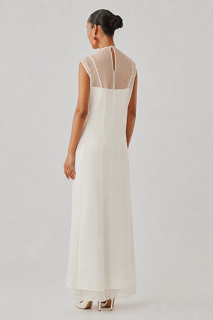 Ivory Organza Floral Embroidered Maxi Slip Party Wear Dress by Aroka at Pernia's Pop Up Shop