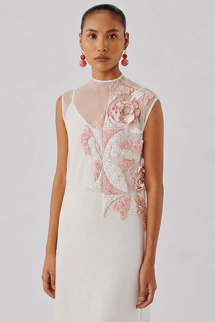 Ivory Organza Floral Embroidered Maxi Slip Party Wear Dress by Aroka at Pernia's Pop Up Shop