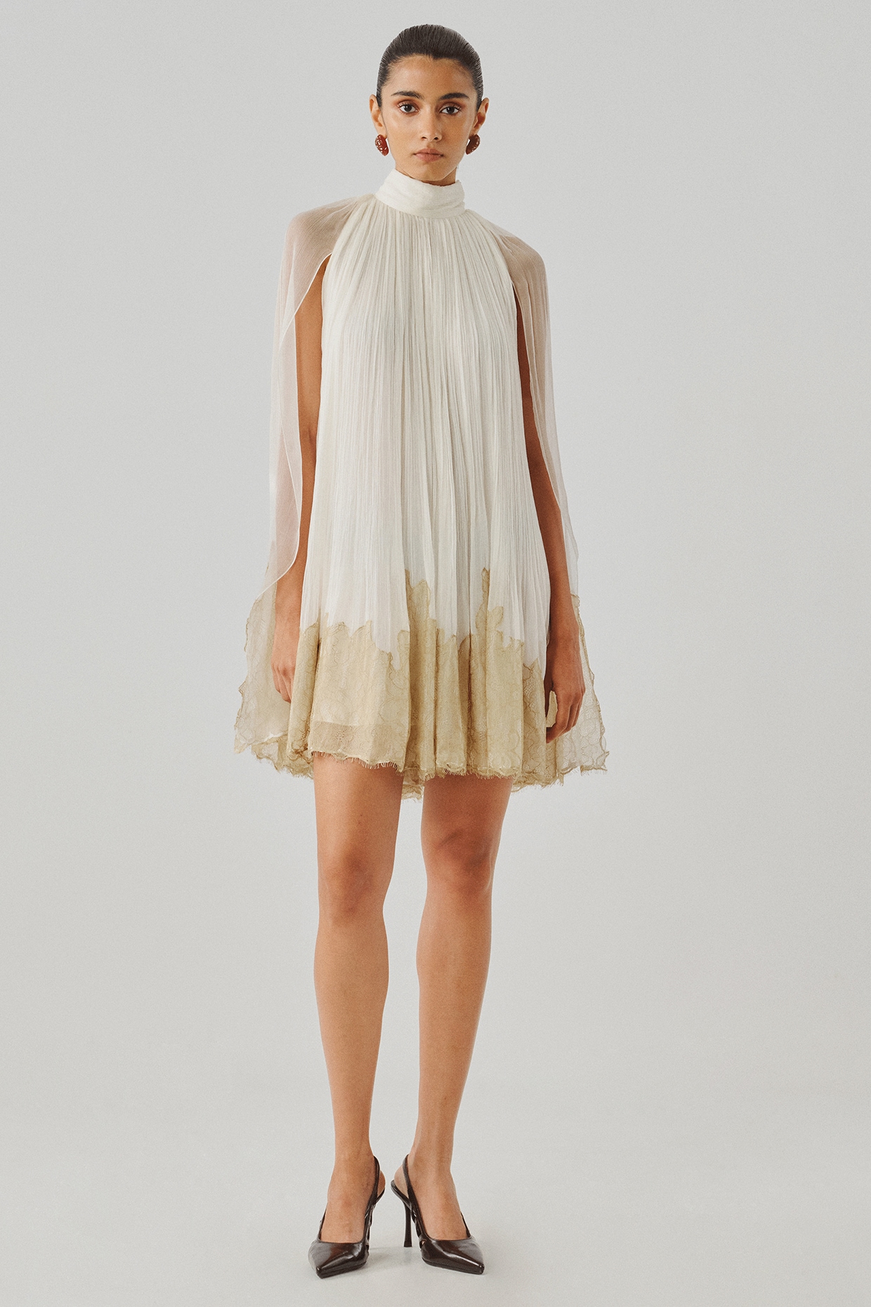 Aroka Ivory Wrinkled Chiffon Cutwork Embroidered Mini Dress