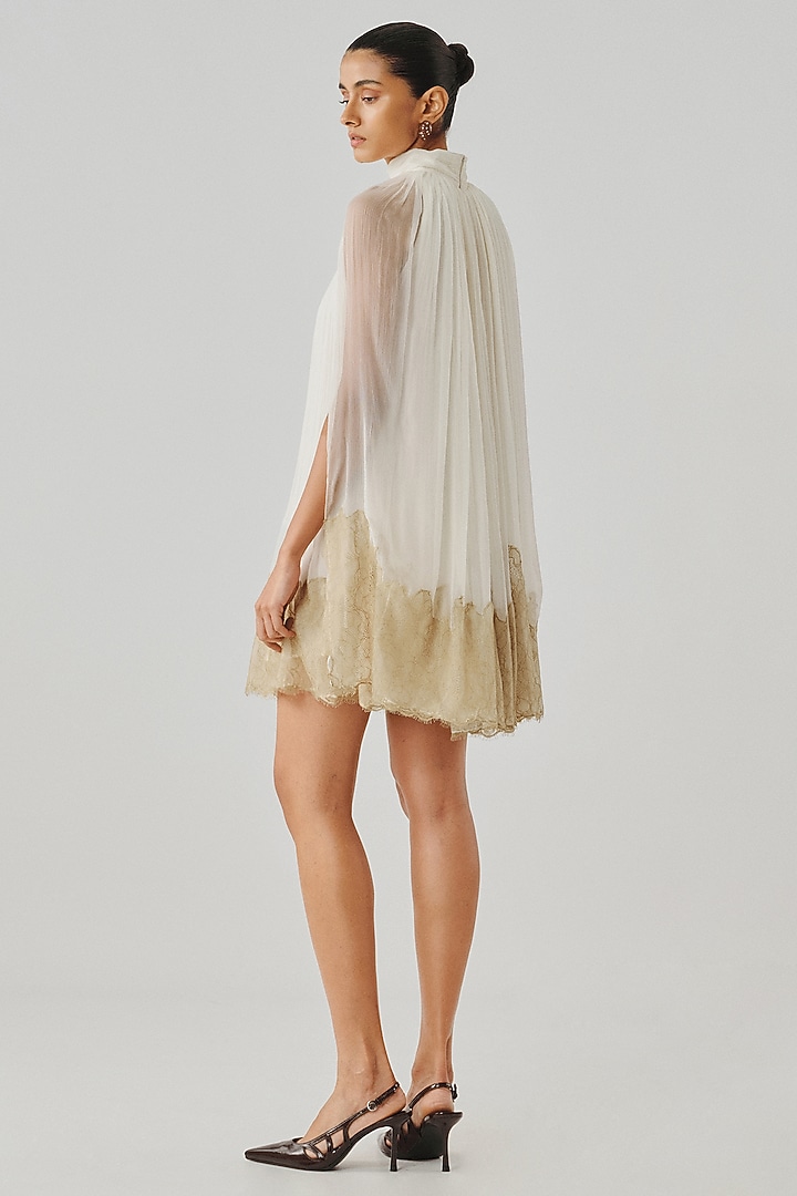 Ivory Wrinkled Chiffon Cutwork Embroidered Mini Cocktail Dress by Aroka at Pernia's Pop Up Shop