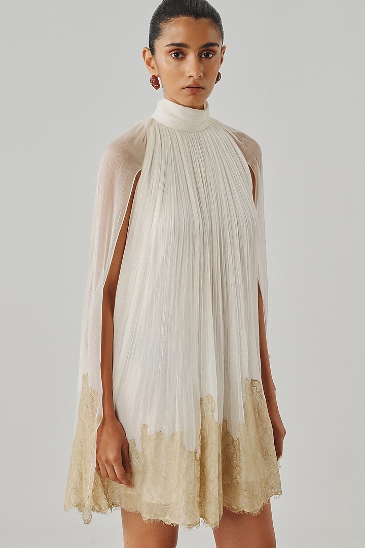Ivory Wrinkled Chiffon Cutwork Embroidered Mini Cocktail Dress by Aroka at Pernia's Pop Up Shop