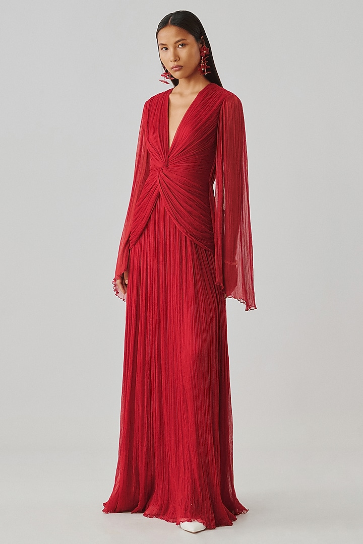 Red Wrinkled Chiffon Ruched Engagement Gown by Aroka at Pernia's Pop Up Shop