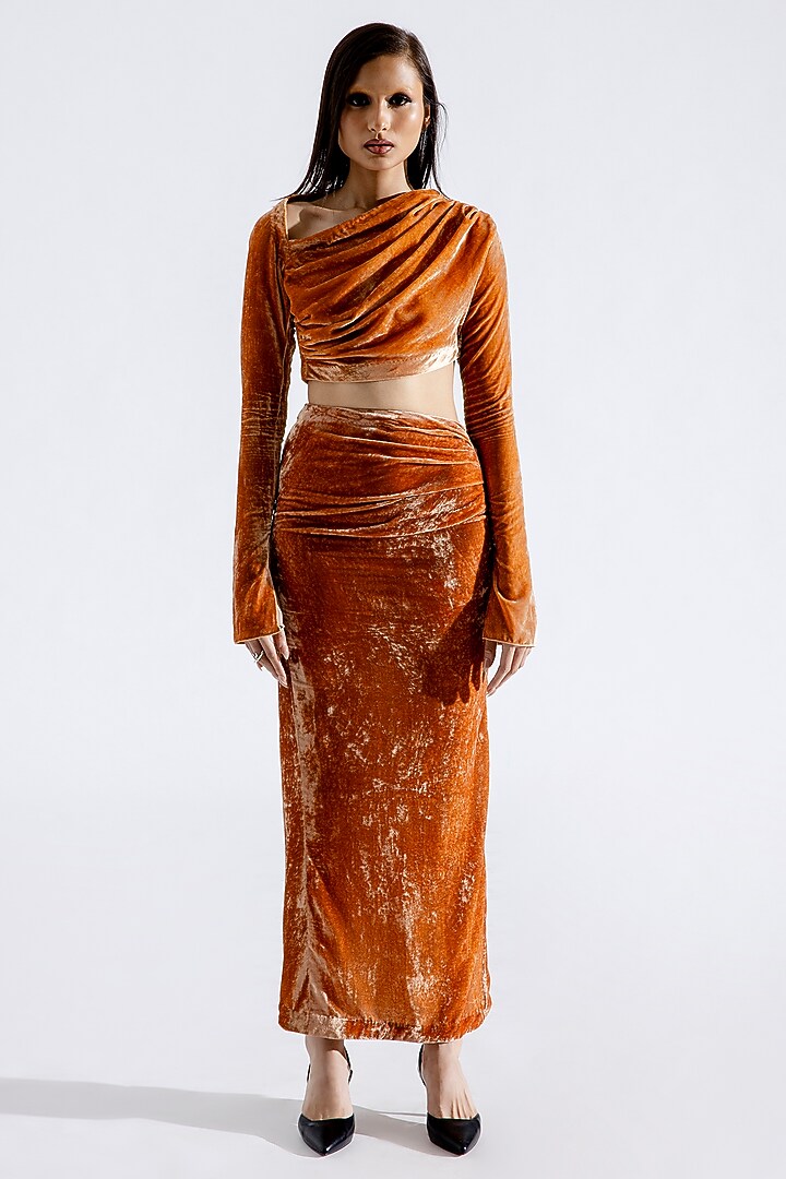 Caramel Silk Velvet Maxi Skirt by Aroka at Pernia's Pop Up Shop