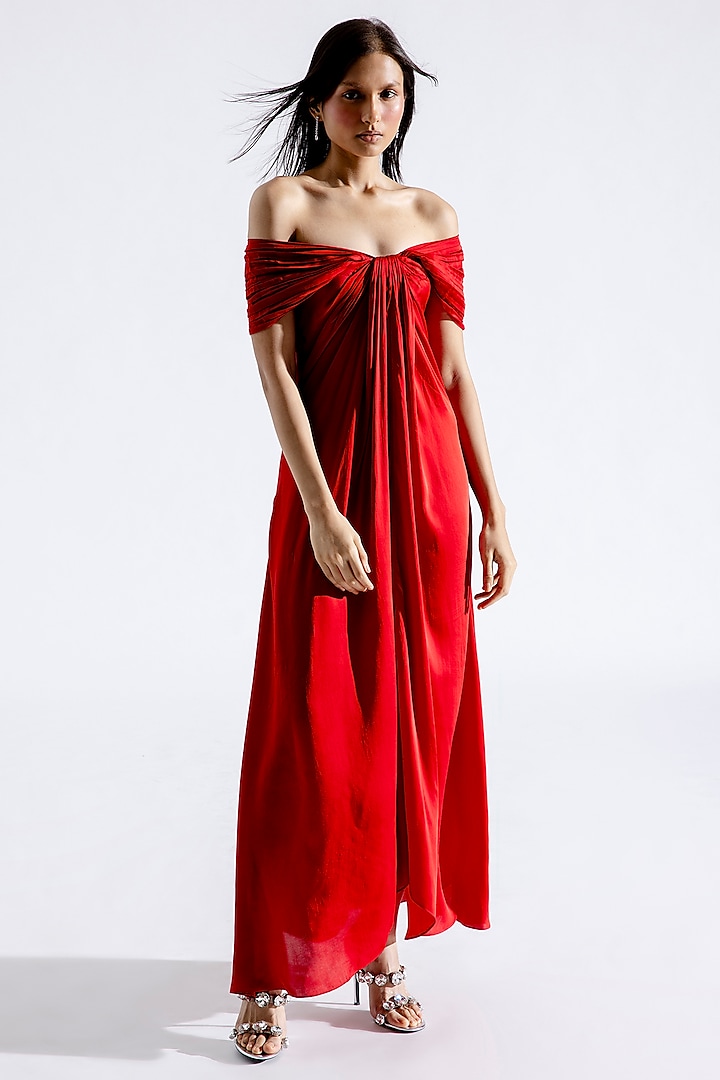 Red Modal Satin Off-Shoulder Maxi Dress by Aroka