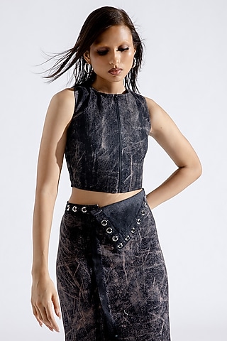 Steel Grey Denim Block Printed T-Back Top by Aroka