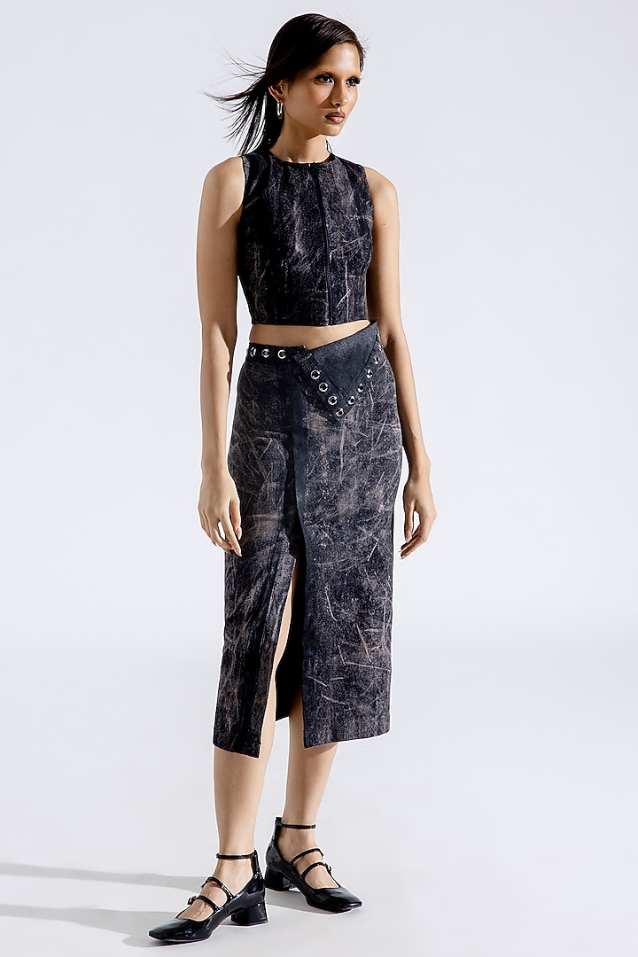 Steel Grey Denim Block Printed T-Back Top by Aroka at Pernia's Pop Up Shop