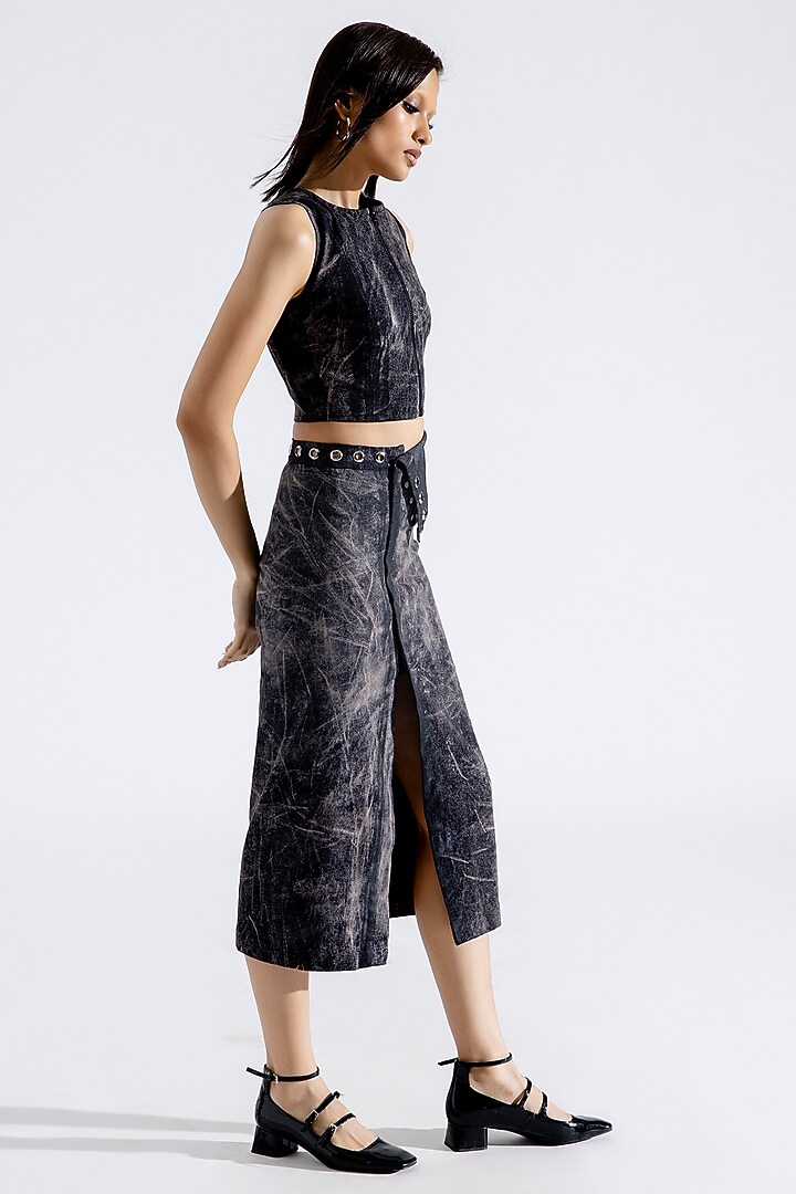 Steel Grey Denim Block Printed T-Back Top by Aroka at Pernia's Pop Up Shop