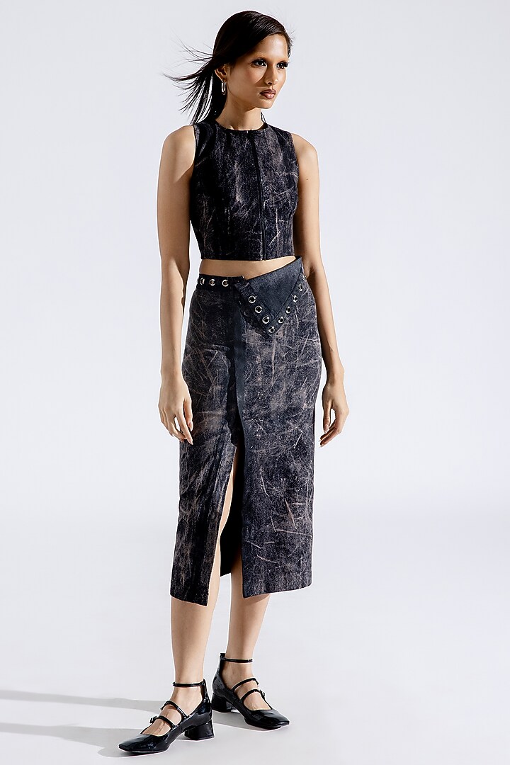 Steel Grey Denim Midi Skirt by Aroka at Pernia's Pop Up Shop