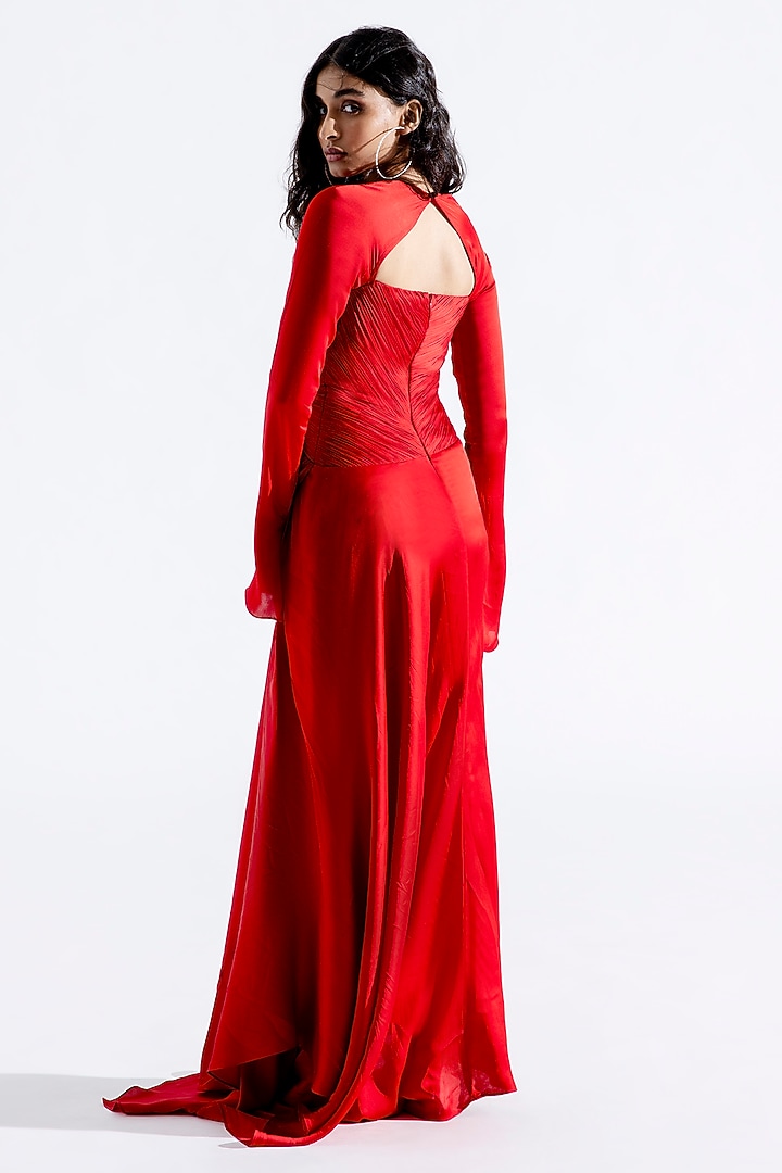 Red Modal Satin Maxi Cocktail Dress by Aroka at Pernia's Pop Up Shop