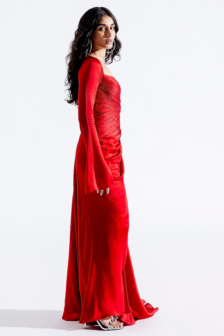 Red Modal Satin Maxi Cocktail Dress by Aroka at Pernia's Pop Up Shop